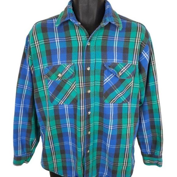 Vintage Five Brother Heavy Flannel Shirt Mens Size Large Green Blue 80s 90s USA - Picture 1 of 6